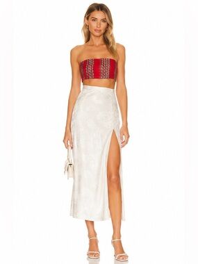 Aritzia White ivory Jacquard Satin Midi Skirt Size 00 Side Slit Slip Skirt